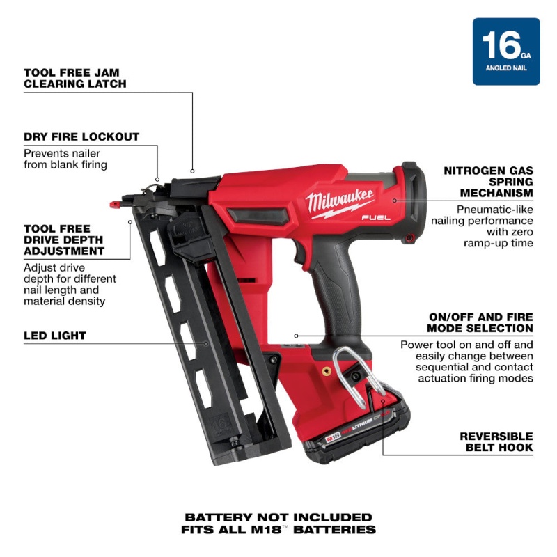 Milwaukee 2841-21CT M18 FUEL 18V 16 Guage Cordless Angled Finish Nailer Kit - Image 8