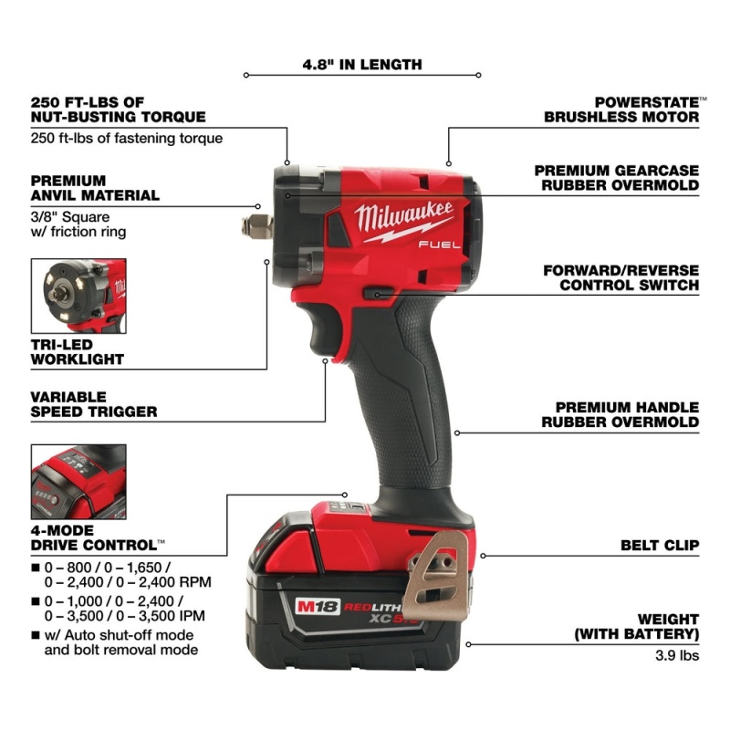 Milwaukee 2854-80 M18 FUEL 18V 3/8" Compact Impact Wrench - Recon - Bare Tool - Image 4