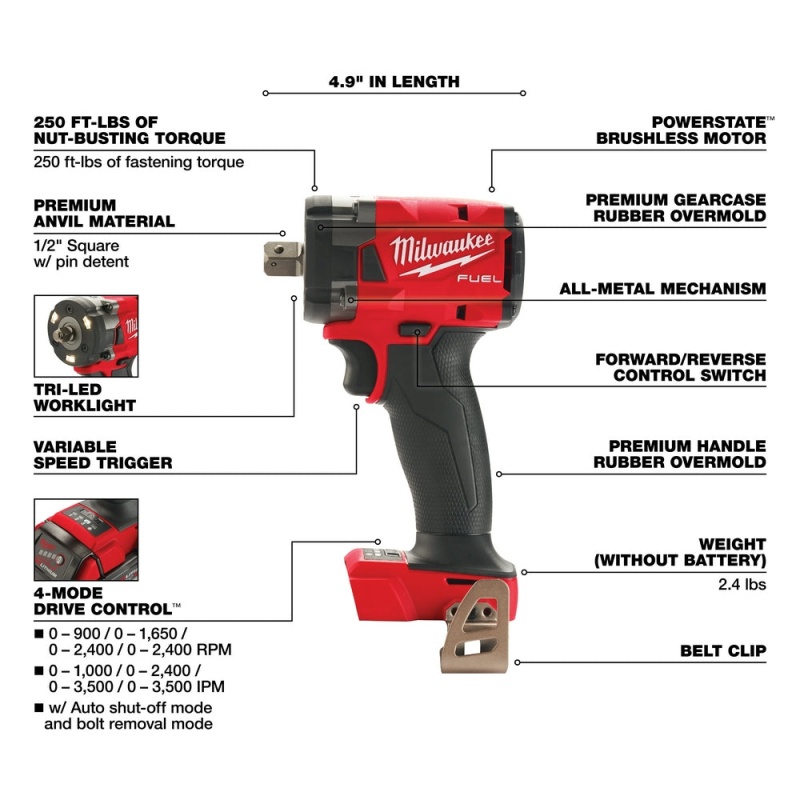 Milwaukee 2855P-80 M18 FUEL 18V 1/2" Compact Impact Wrench - Recon - Bare Tool - Image 4