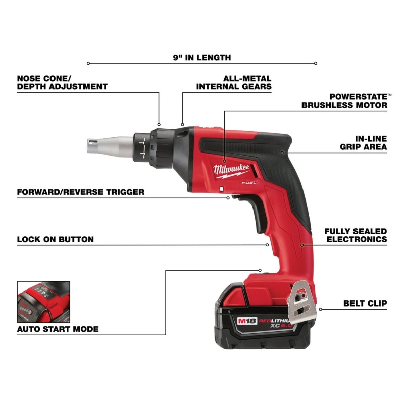 Milwaukee 2866-22 M18 FUEL 18V 5.0Ah Auto Start Drywall Screw Gun Kit - Image 4