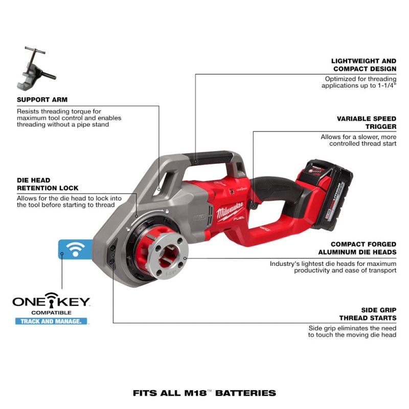 Milwaukee 2870-22 M18 18V FUEL Cordless Compact Pipe Threader w/ ONE KEY Kit - Image 4