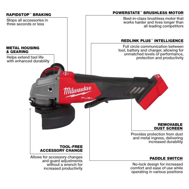 Milwaukee 2880-20ID M18 FUEL 18V 4-1/2"/5" Paddle Switch Grinder w/Impact Driver - Image 17