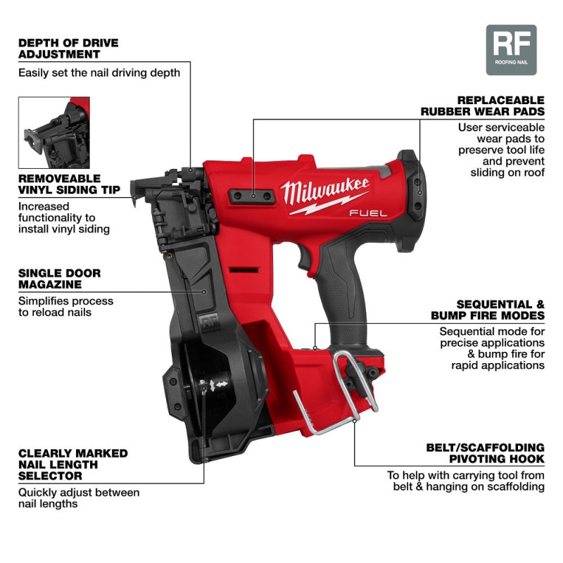 Milwaukee 2909-20 M18 FUEL 18V Cordless Li-Ion Coil Roofing Nailer - Bare Tool - Image 3