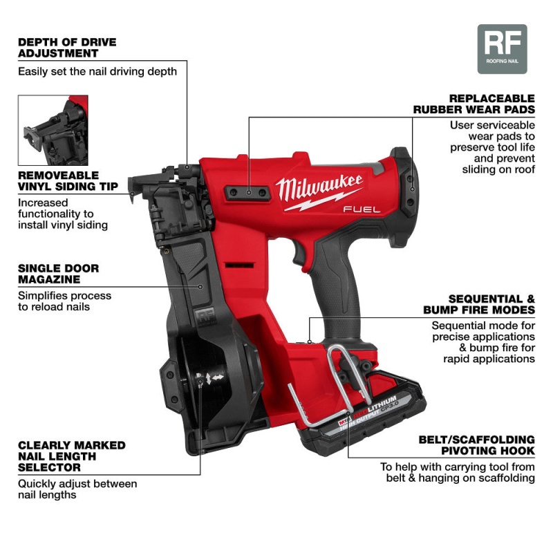 Milwaukee 2909-21 M18 FUEL 18V Cordless Li-Ion Coil Roofing Nailer Kit - Image 4