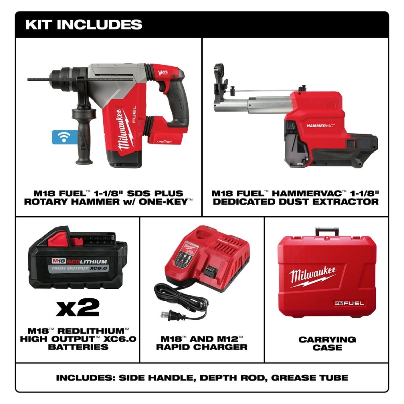 Milwaukee 2915-22DE M18 FUEL 18V 1-1/8" SDS Plus Rotary Hammer HAMMERVAC Kit - Image 2