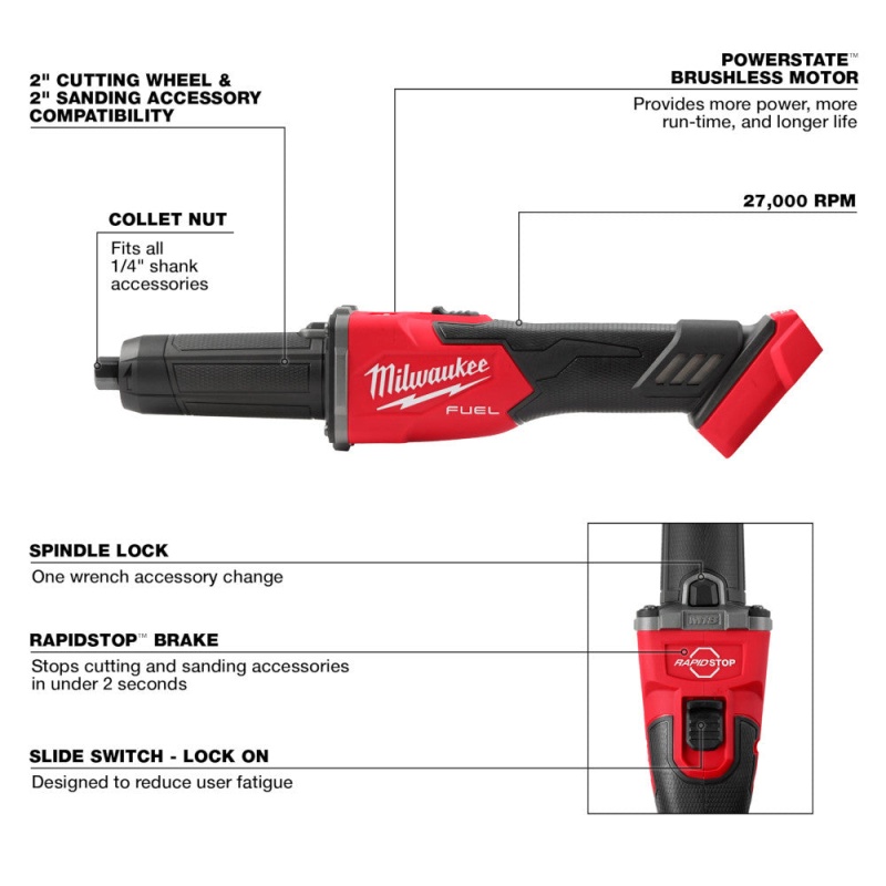 Milwaukee 2939-20 M18 FUEL 18V Braking Die Grinder w/ Slide Switch - Bare Tool - Image 8