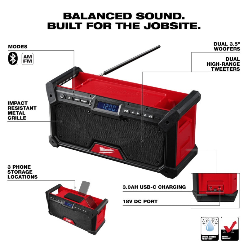 Milwaukee 2952-20B5 M18 18V Cordless Bluetooth Radio w/ 2 - 5AH Batteries - Image 2