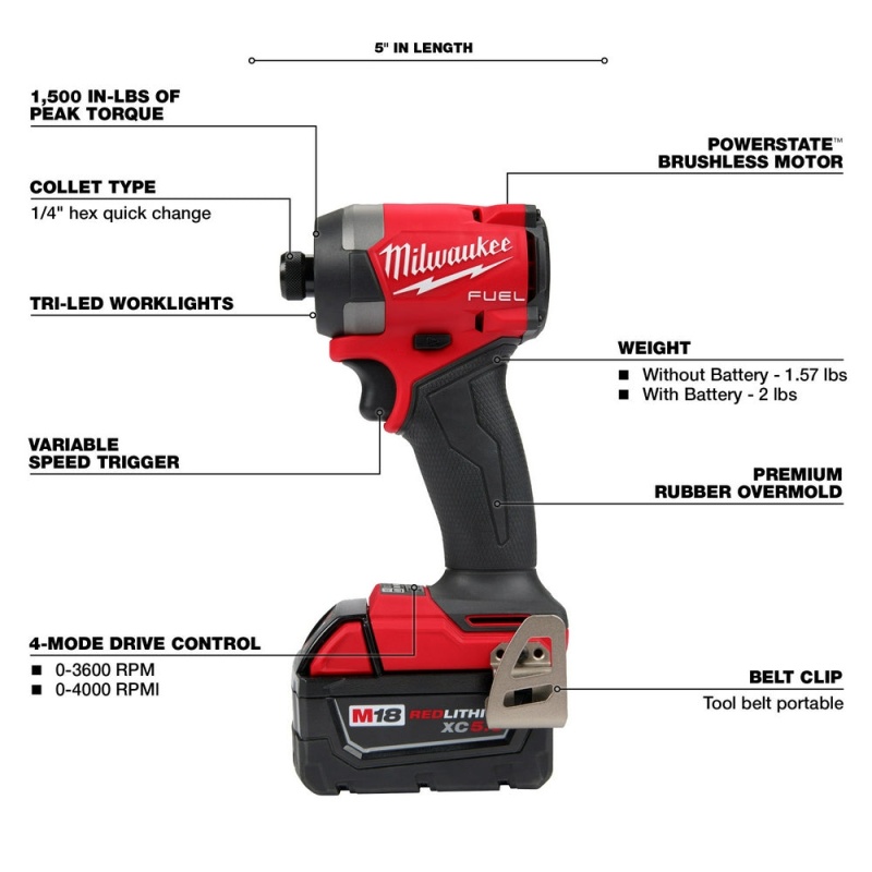 Milwaukee 2953-22 M18 FUEL 18V 1/4" Hex Cordless Li-Ion Impact Driver Kit - Image 4