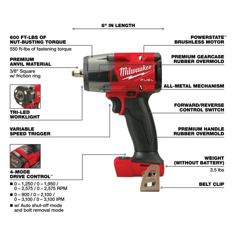 Milwaukee 2960-20 M18 FUEL 18V 3/8" Cordless Mid-Torque Impact Wrench -Bare Tool - Image 4