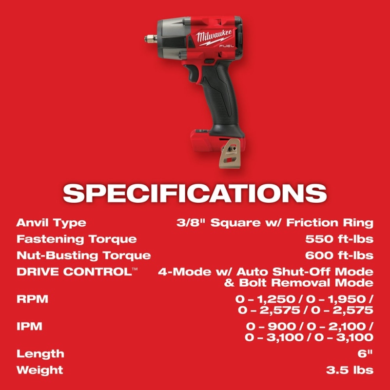 Milwaukee 2960-20 M18 FUEL 18V 3/8" Cordless Mid-Torque Impact Wrench -Bare Tool - Image 8