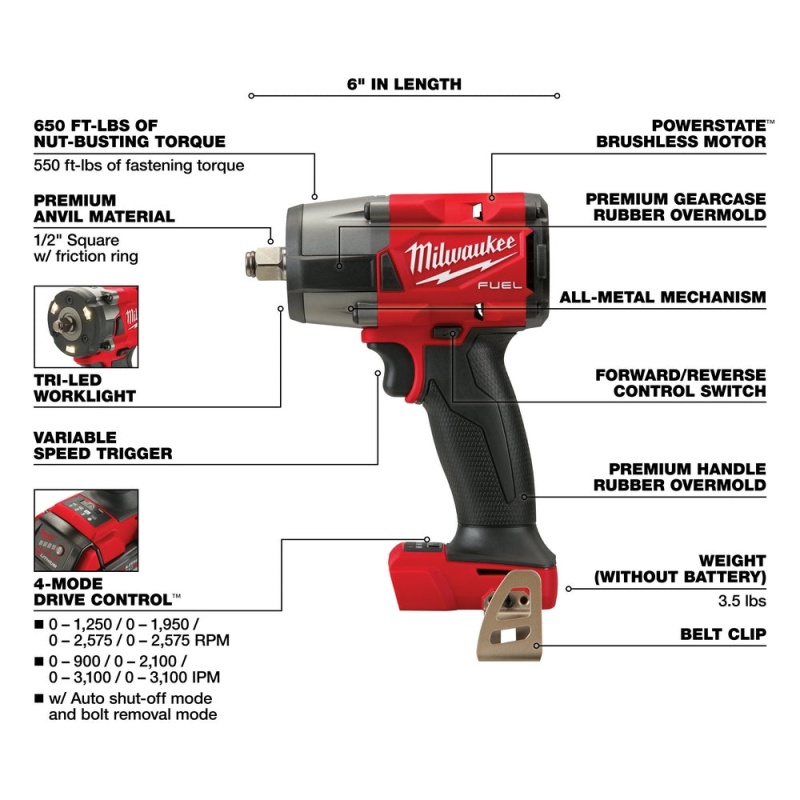 Milwaukee 2962-20 M18 FUEL 18V 1/2" Cordless Mid-Torque Impact Wrench -Bare Tool - Image 4