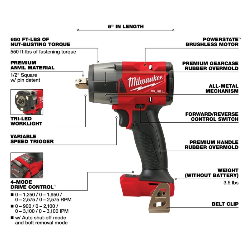 Milwaukee 2962P-20 M18 FUEL 1/2" Mid-Torque Impact Wrench w/Pin Detent-Bare Tool - Image 4