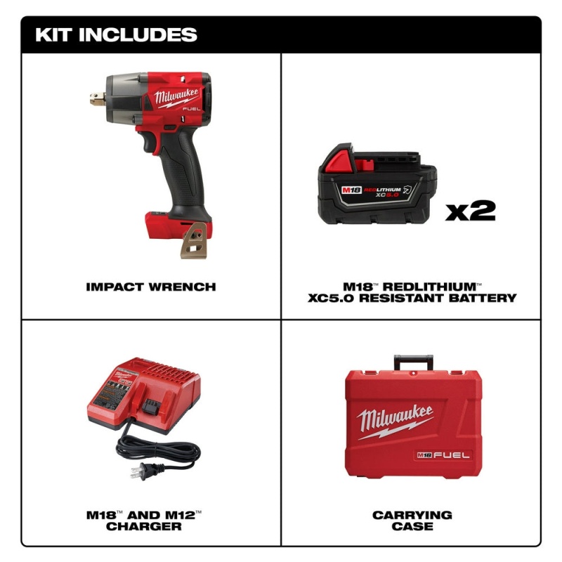 Milwaukee 2962P-22R M18 FUEL 18V 1/2" Mid-Torque Impact Wrench w/ Pin Detent Kit - Image 2