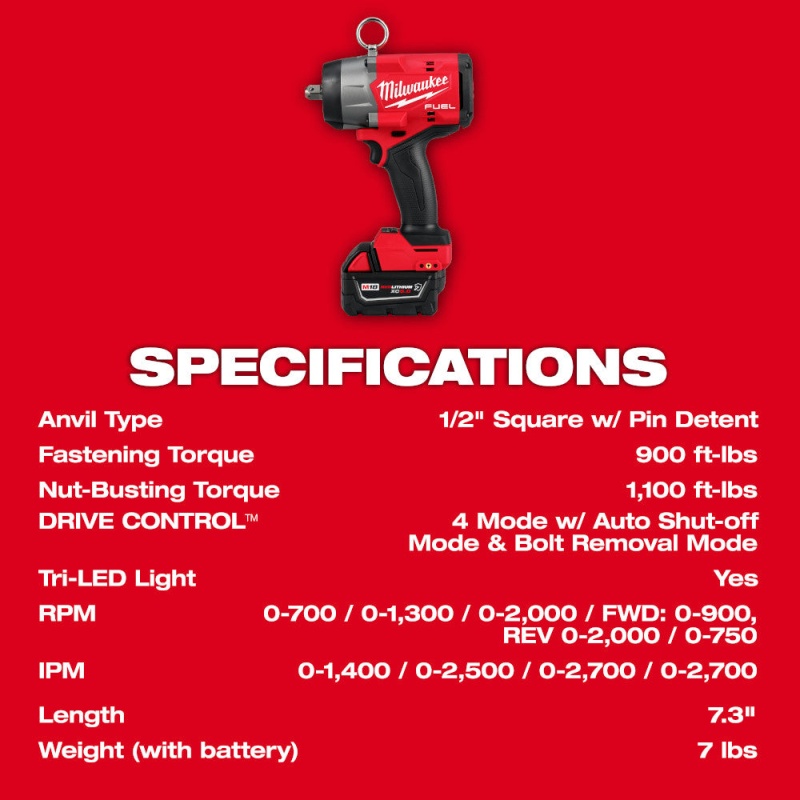 Milwaukee 2966-22 M18 FUEL 18V 1/2" High Torque Impact Wrench w/ Pin Detent Kit - Image 8