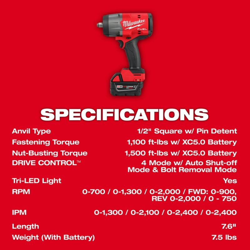 Milwaukee 2967-21B8F M18 FUEL 18V 1/2" Impact Wrench Kit w/ 8AH Forge Battery - Image 7