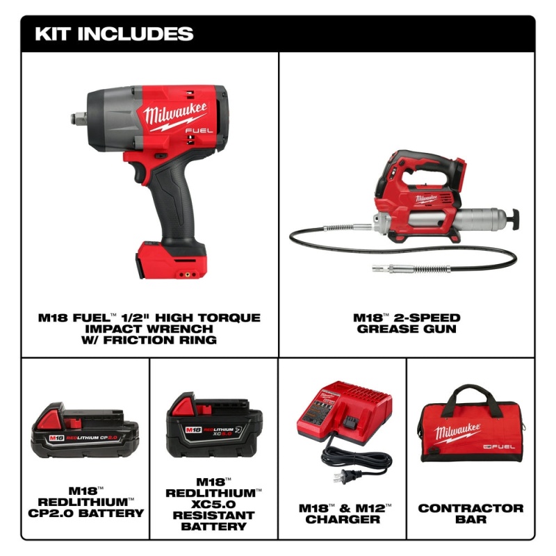 Milwaukee 2967-22GG M18 FUEL 18V 1/2" HTIW Friction Ring & Grease Gun Combo Kit - Image 2