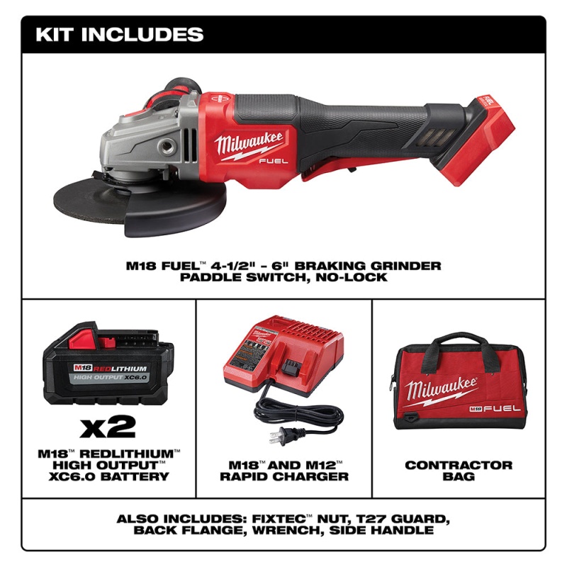 Milwaukee 2980-22 M18 FUEL 18V 6 Inch Paddle Switch Grinder Kit w/ 2 Battery - Image 2