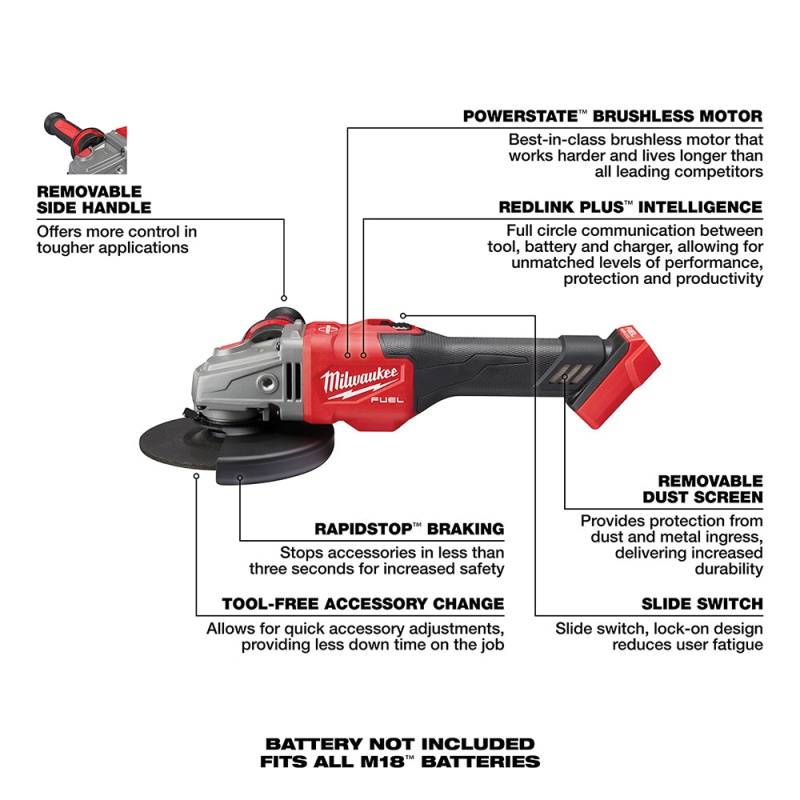 Milwaukee 2981-20 M18 FUEL 18V  4-1/2 - 6 Inch Slide Switch Grinder, Bare Tool - Image 7