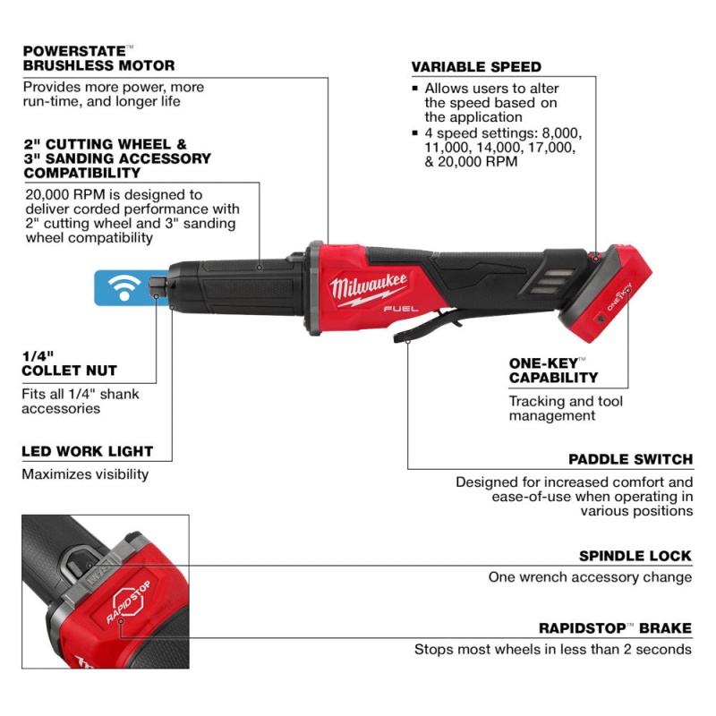 Milwaukee 2984-20 M18 FUEL 18V Braking Die Grinder w/ Paddle Switch - Bare Tool - Image 8