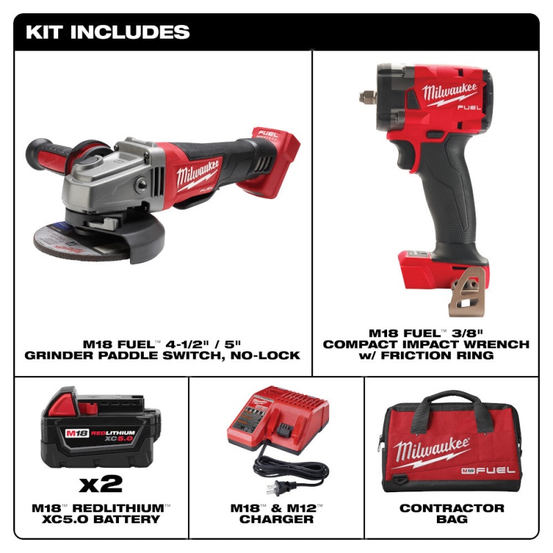 Milwaukee 2991-22 M18 FUEL 18V Compact Impact Wrench / Grinder Combo Kit - Image 2