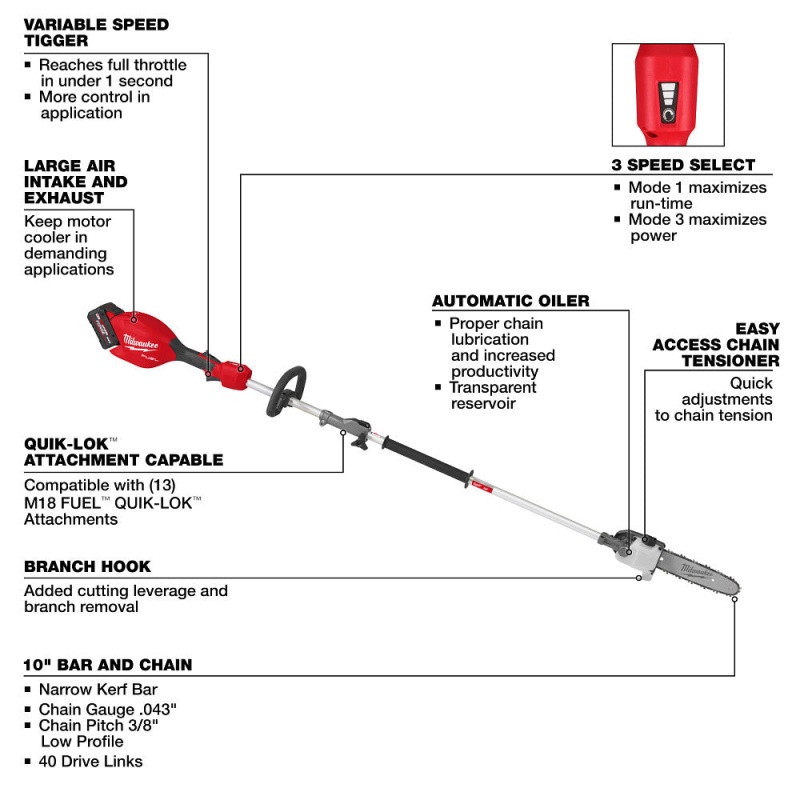 Milwaukee 3016-21PS M18 FUEL 18V Pole Saw w/ QUIK-LOK Kit - Image 7