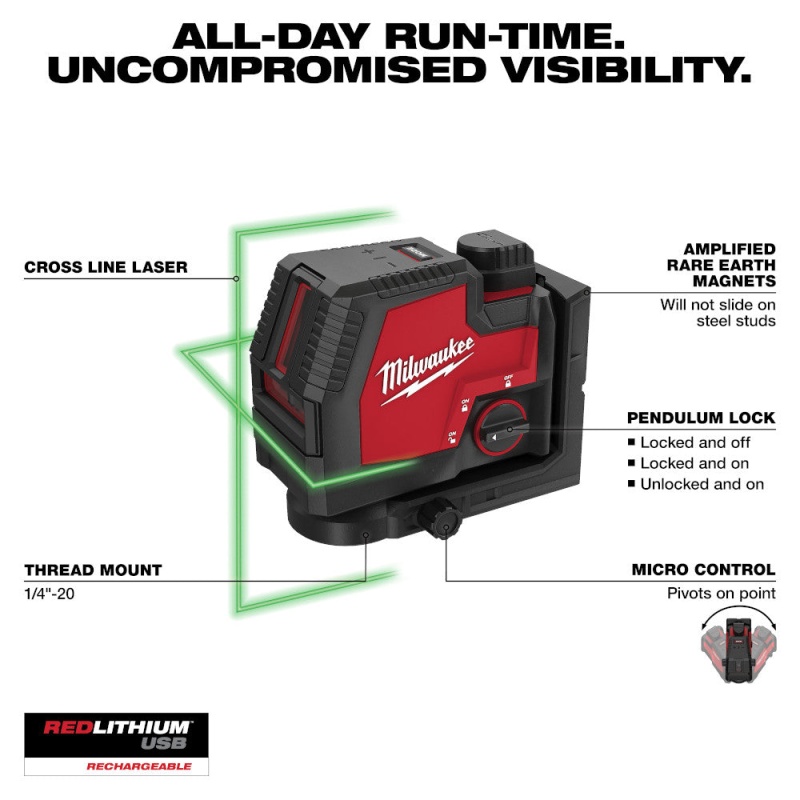 Milwaukee 3521-21 REDLITHIUM USB Rechargeable Cordless Green Cross Line Laser - Image 2