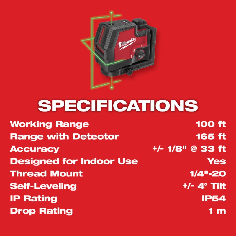 Milwaukee 3522-21 REDLITHIUM USB Rechargeable Green Cross w/ Plumb Points Laser - Image 10