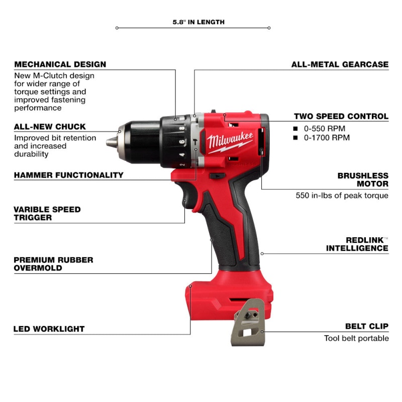 Milwaukee 3602-20 M18 18V 1/2" Compact Brushless Hammer Drill - Bare Tool - Image 3