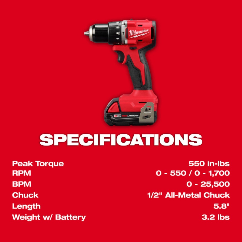 Milwaukee 3602-21P M18 18V 1/2" Compact Brushless Hammer Drill Kit - Image 4