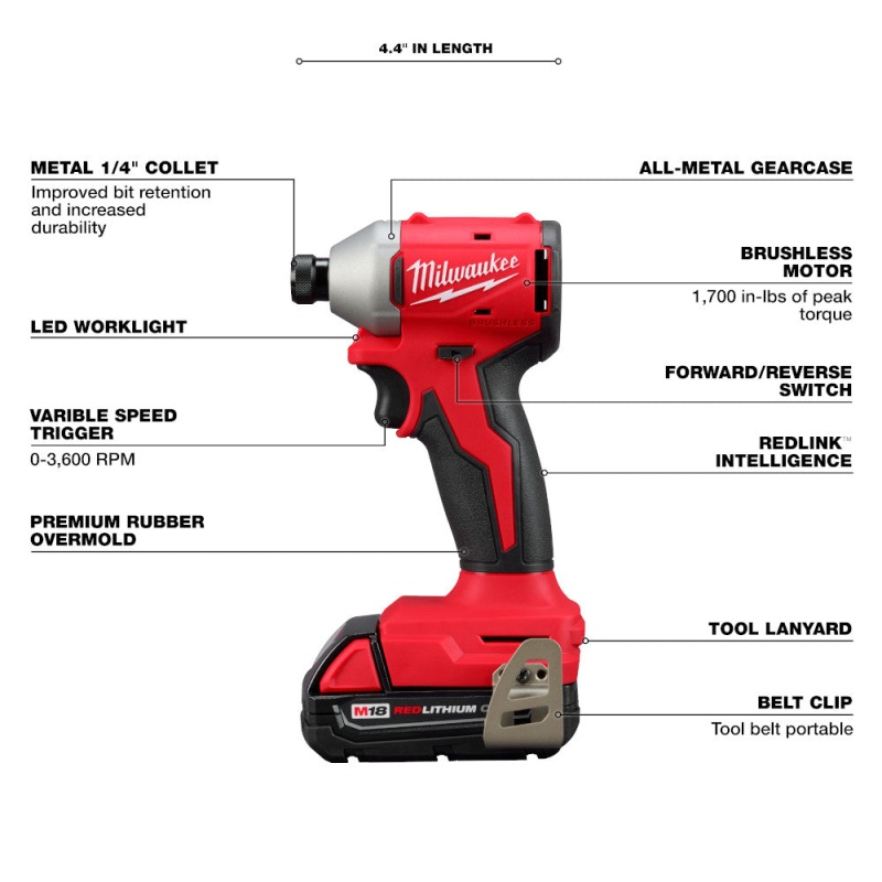 Milwaukee 3650-22CT M18 18 1/4" Compact Brushless Hex Impact Driver Kit - Image 4