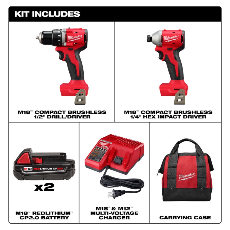 Milwaukee 3692-22CT M18 18V Compact Brushless 2 Tool Drill/Driver Combo Kit - Image 2