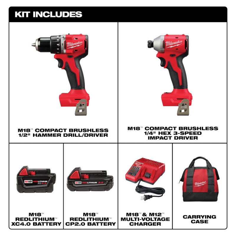 Milwaukee 3693-22CX M18 18V 2 Compact Brushless Cordless Tool Combo Kit - Image 2