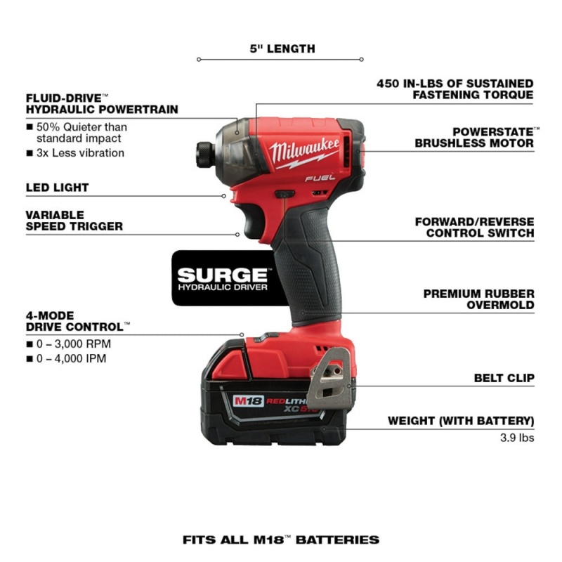 Milwaukee 3699-22 M18 FUEL 18V Cordless 2-Tool SURGE Combo Kit w/5.0AH Batteries - Image 6