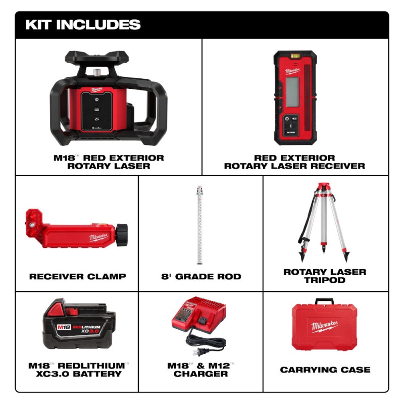 Milwaukee 3701-21T M18 18V Red Rotary Laser Kit w/ Receiver, Tripod, & Grade Rod - Image 3