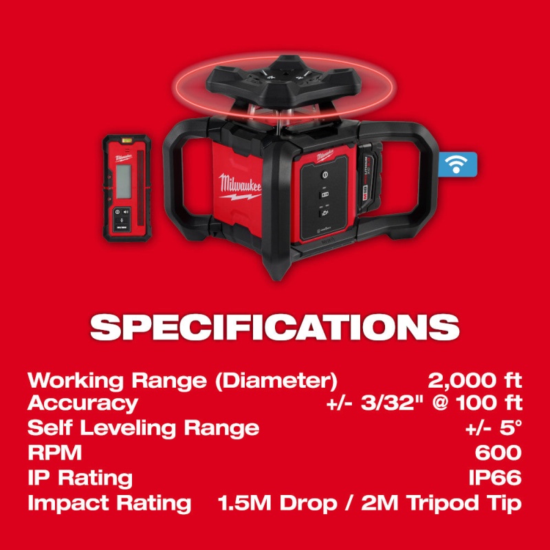 Milwaukee 3701-21T M18 18V Red Rotary Laser Kit w/ Receiver, Tripod, & Grade Rod - Image 6