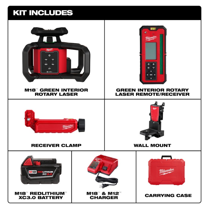 Milwaukee 3702-21 M18 18V Green Rotary Laser Level Kit w/Remote/Receiver & Mount - Image 2