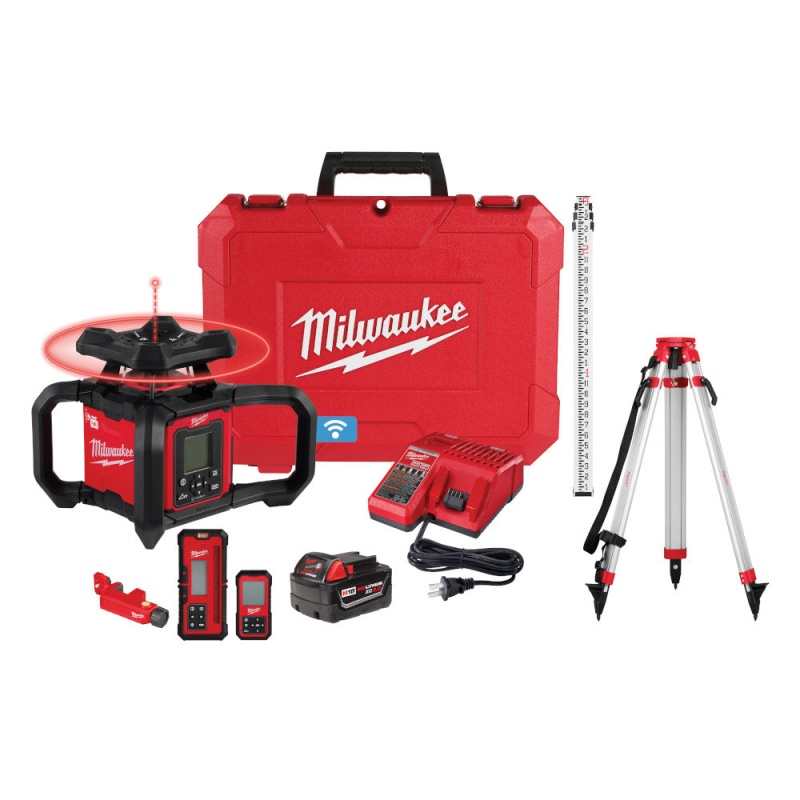 Milwaukee 3704-21T M18 18V Red Exterior Dual Slope Rotary Laser Kit w/ Receiver