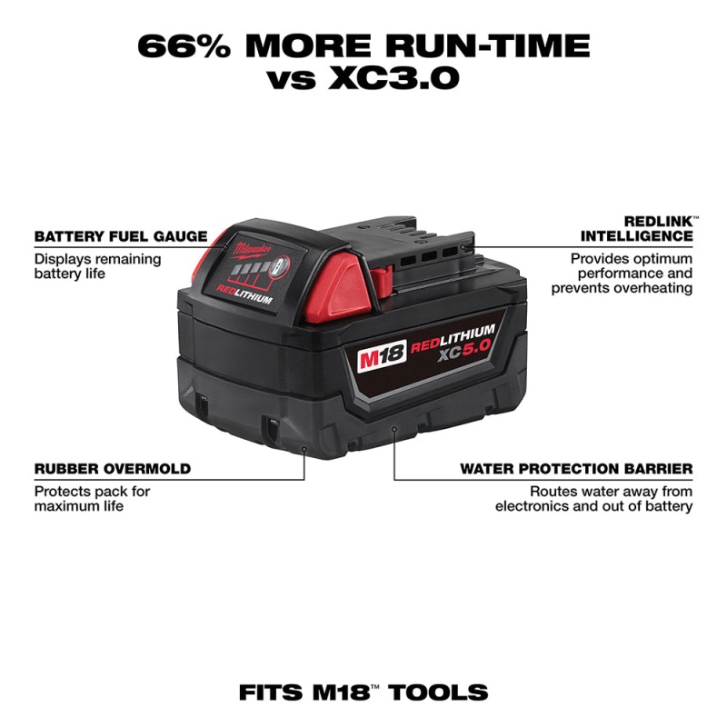 Milwaukee 48-11-1850 M18 18V 5.0Ah REDLITHIUM XC Extended Capacity Battery - Image 2