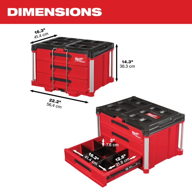 Milwaukee 48-22-8443 PACKOUT 3 Drawer Durable Tool Box w/ 50lbs Capacity - Image 3