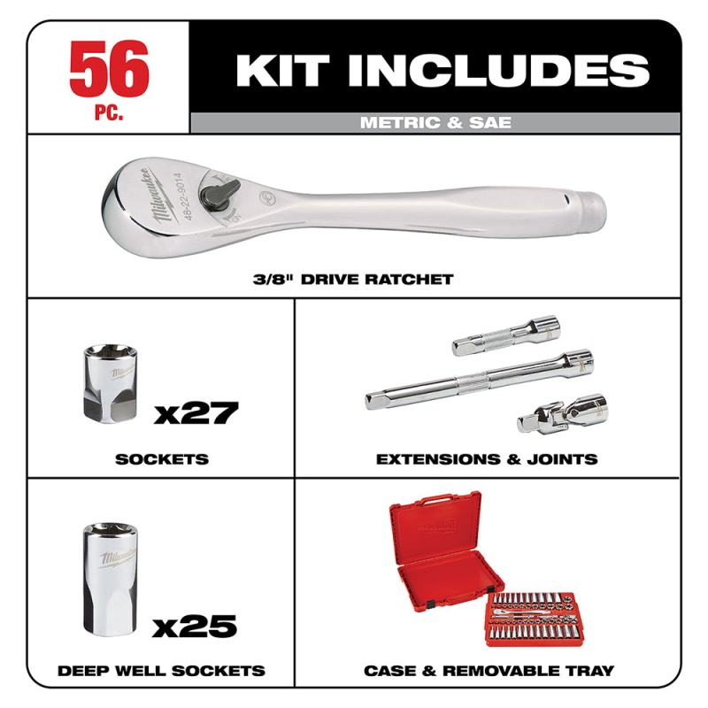 Milwaukee 48-22-9008 3/8-Inch Drive SAE and Metric Ratchet and Socket Set - 56pc - Image 2