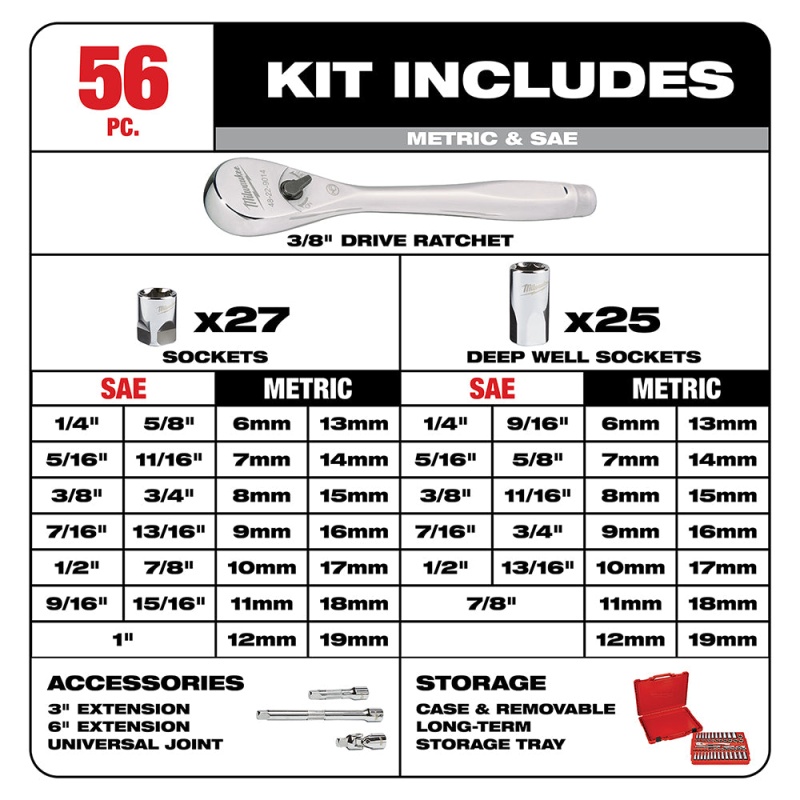 Milwaukee 48-22-9008 3/8-Inch Drive SAE and Metric Ratchet and Socket Set - 56pc - Image 5