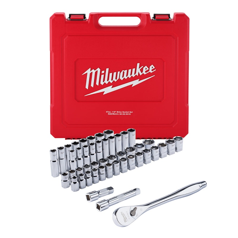 Milwaukee 48-22-9010 1/2" Drive SAE/Metric Ratchet and Socket Set- 47 PC