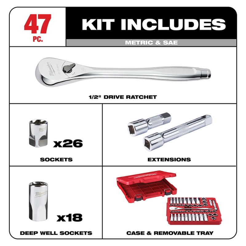 Milwaukee 48-22-9010 1/2" Drive SAE/Metric Ratchet and Socket Set- 47 PC - Image 2