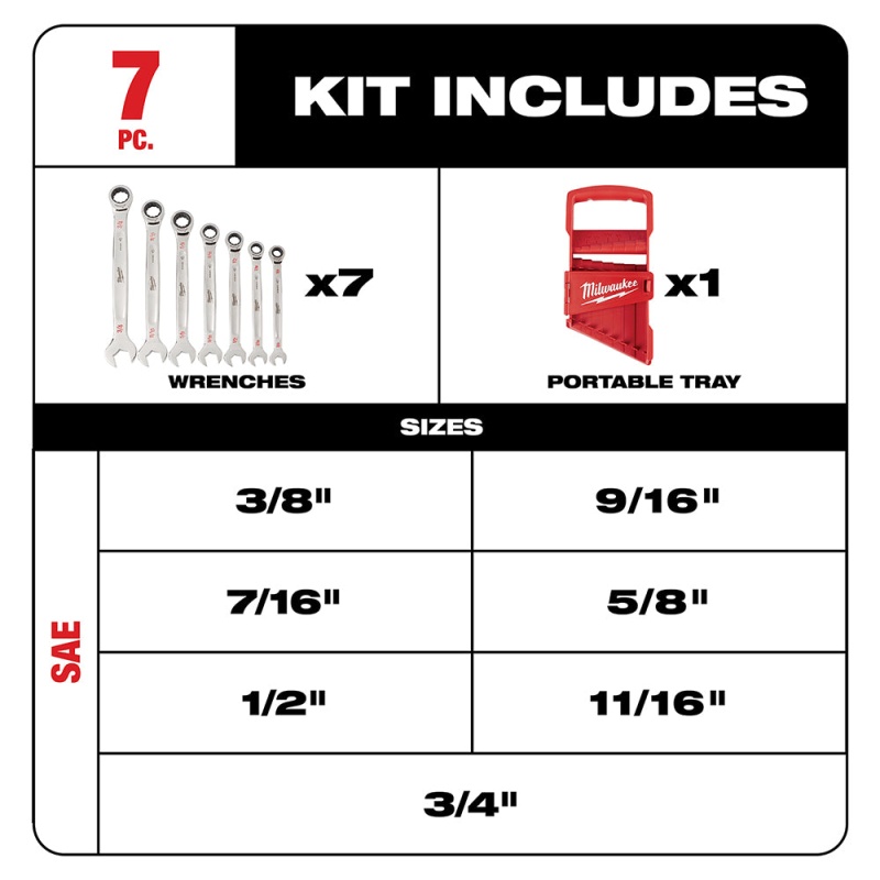 Milwaukee 48-22-9406 Durable SAE Ratcheting Combination Wrench Set - 7pc - Image 2