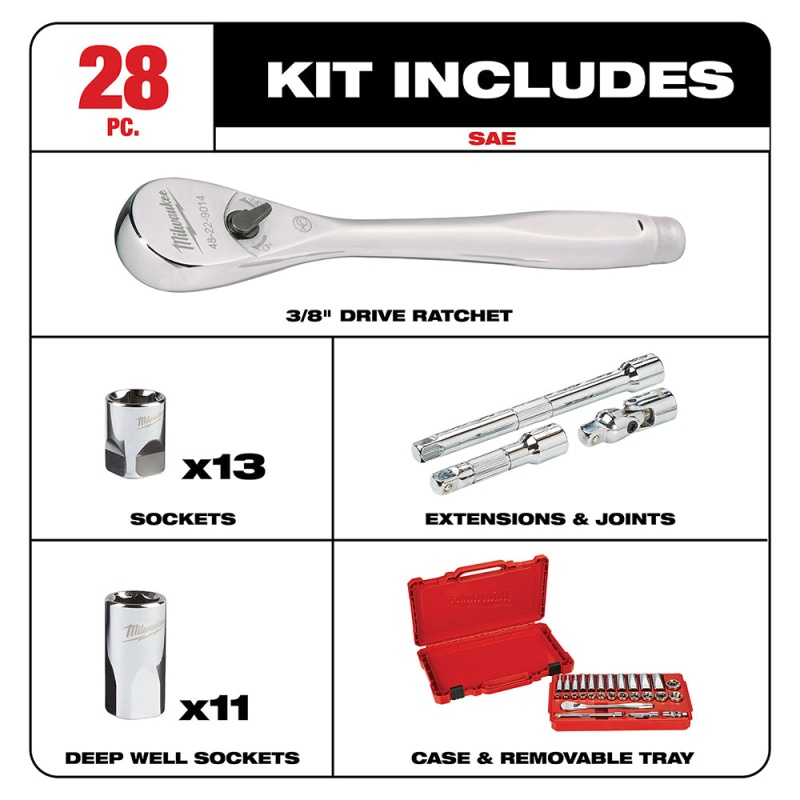 Milwaukee 48-22-9408 3/8-Inch Drive Durable SAE Ratchet and Socket Set- 28pc - Image 2