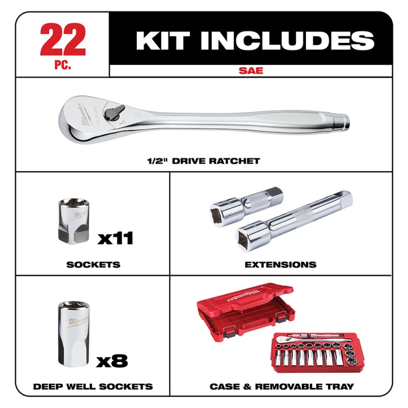 Milwaukee 48-22-9410 1/2" Drive SAE Ratchet and Socket Set - 22 PC - Image 2