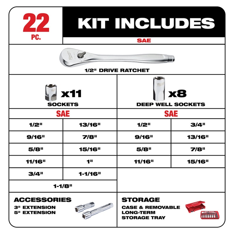 Milwaukee 48-22-9410 1/2" Drive SAE Ratchet and Socket Set - 22 PC - Image 5