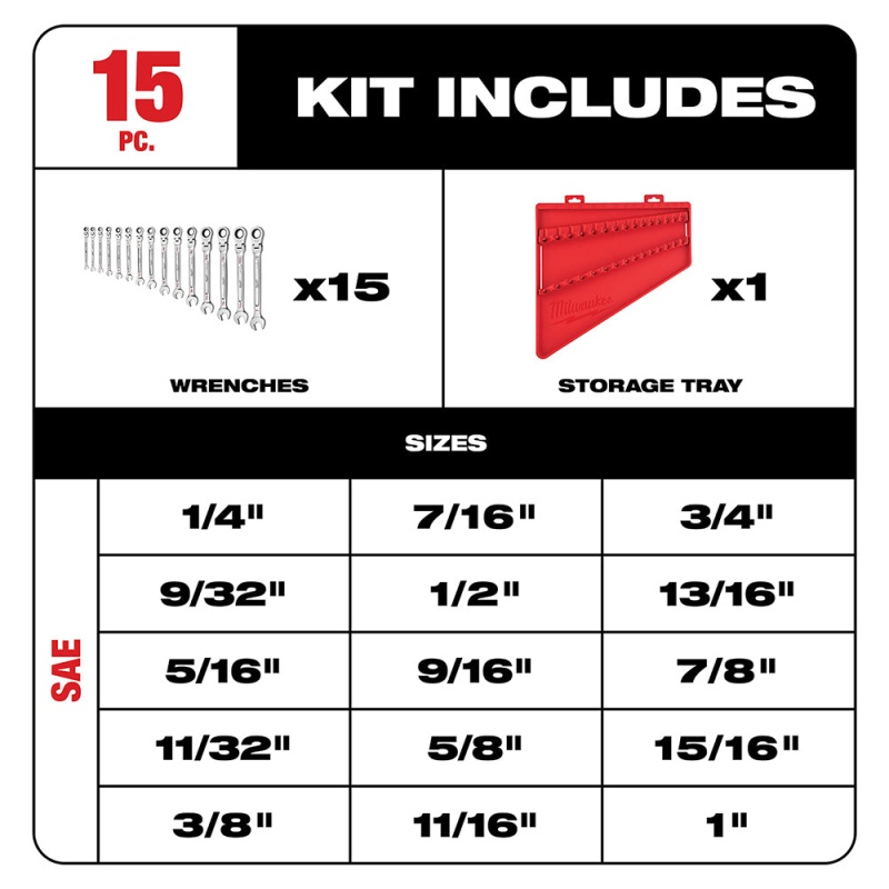 Milwaukee 48-22-9413 Flex Head Ratcheting SAE Combination Wrench Set - 15 PC - Image 2