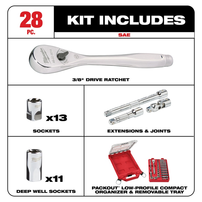 Milwaukee 48-22-9481 3/8?? Ratchet SAE Mechanics Tool Set w/ Packout Case - 28pc - Image 2