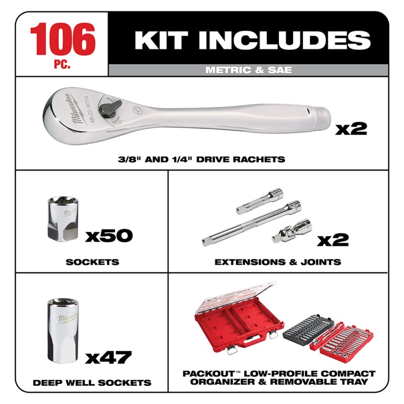 Milwaukee 48-22-9486 1/4"-3/8?? Ratchet Socket Set w/ PACKOUT Case - 106pc - Image 2